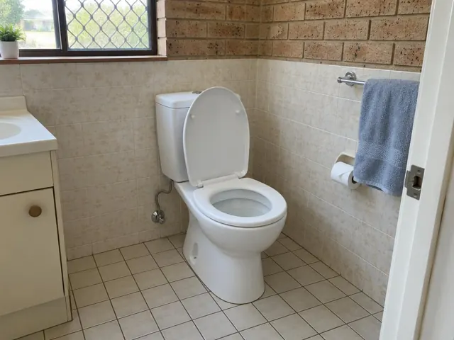 Clean white toilet in a tiled bathroom with towel rail and vanity in St Marys