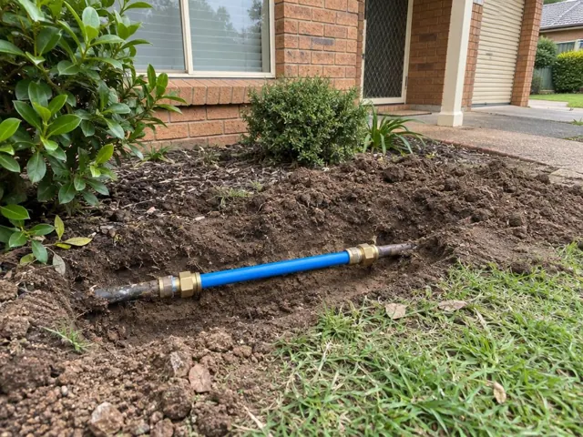 Exposed blue water pipe repaired in a soil trench beside a brick house in Ropes Crossing