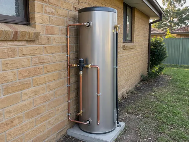 Outdoor hot water system beside a brick house wall and lawn in Colyton